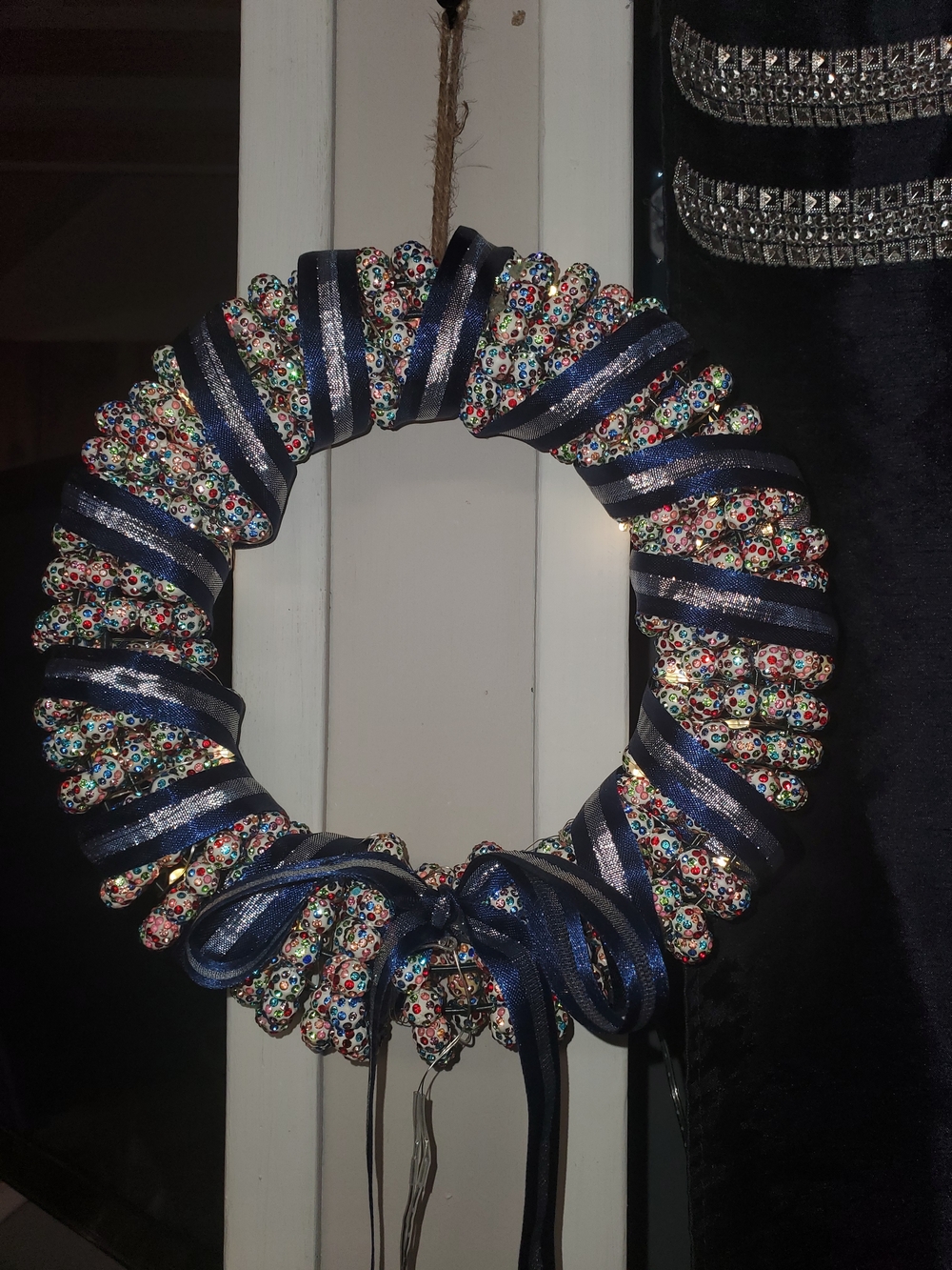 Handcrafted Decorative Beaded Wreath with Navy Ribbon